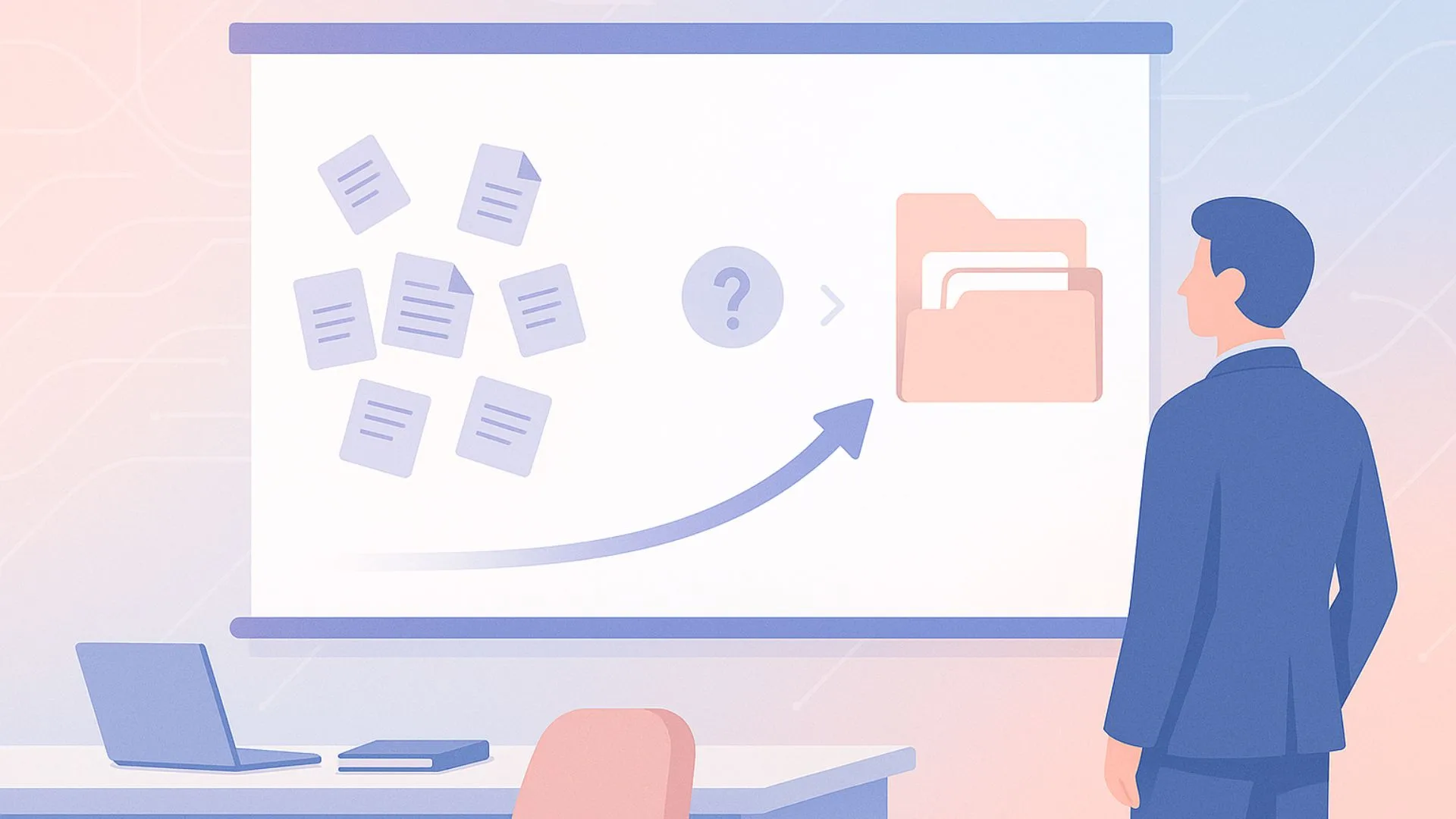 A manager viewing a screen showing unorganized documents, a small question mark, and organized folders, illustrating how an AI file sorter improves file management. (1) A manager viewing a screen showing unorganized documents, a small question mark, and organized folders, illustrating how an AI file sorter improves file management.
