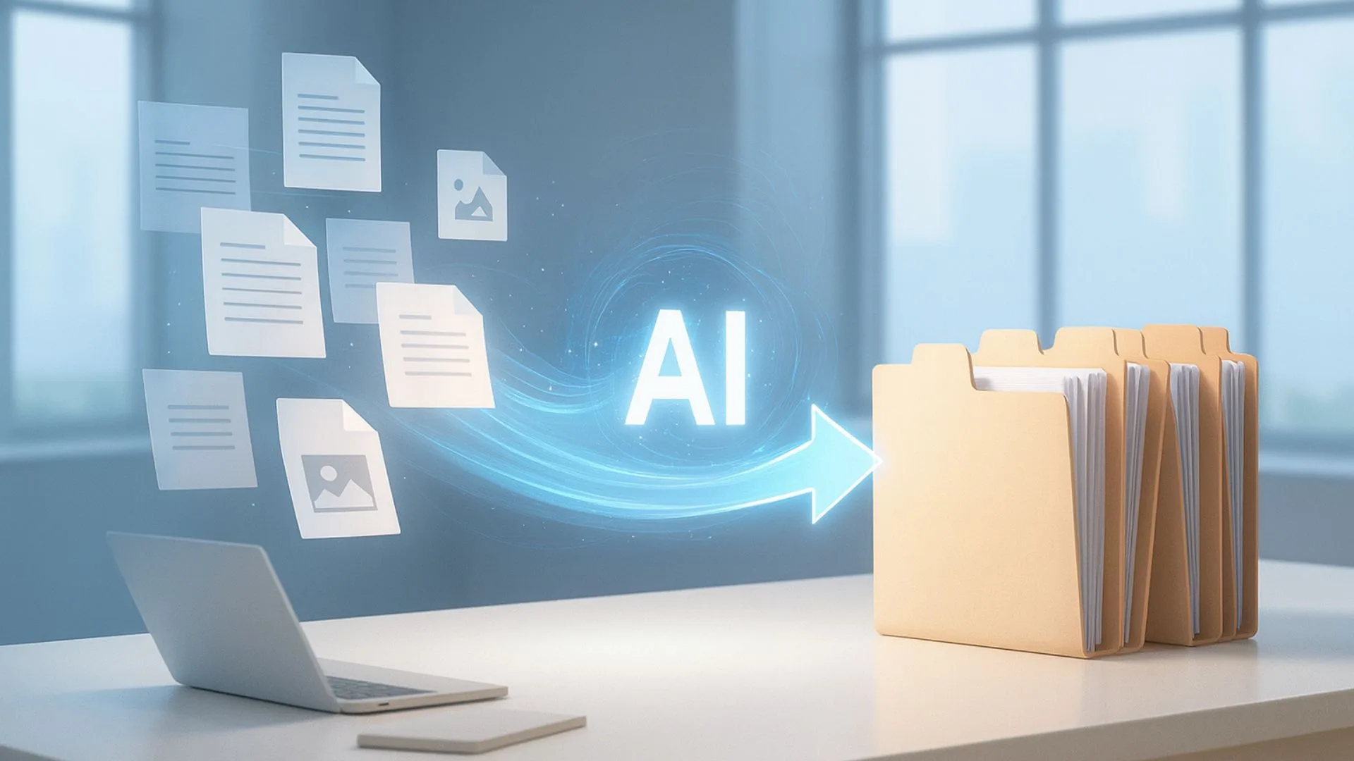 AI file sorter transforming scattered documents into neatly organized folders.