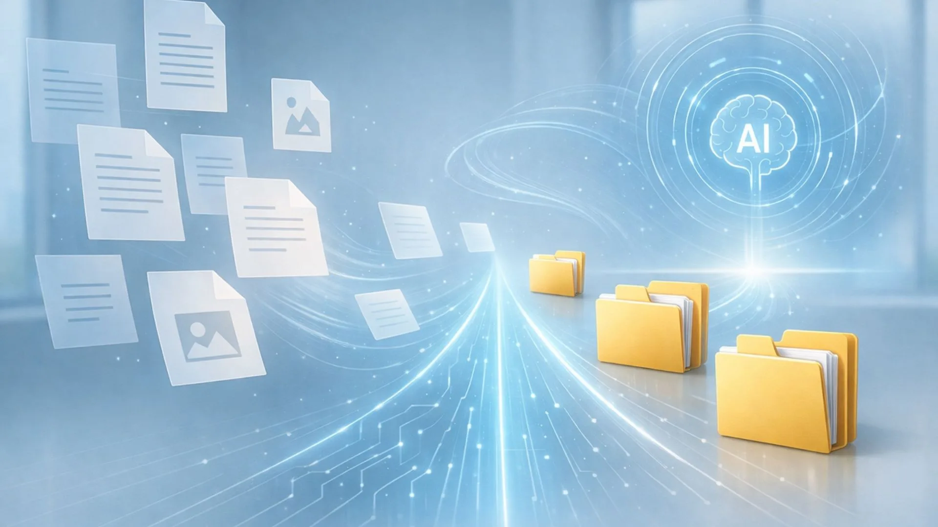 KAMINI BLOG (ai OFFICE TOOL KIT) PICS (2) Futuristic AI file sorter scene with documents transforming into folders along a glowing digital pathway.