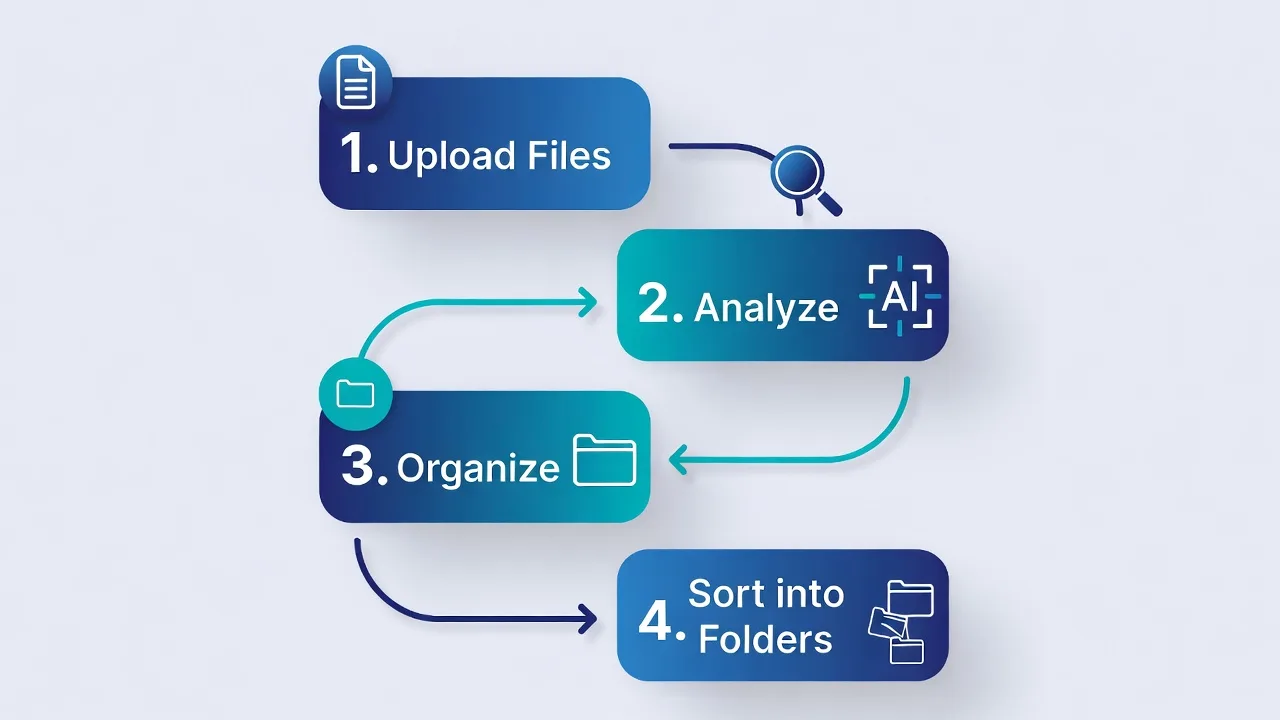 0f81a3f2-547e-43d5-8dc2-84857dd074b0 Infographic showing how an AI file organizer uploads, analyzes, organizes, and sorts files with simple icons and a robot illustration.