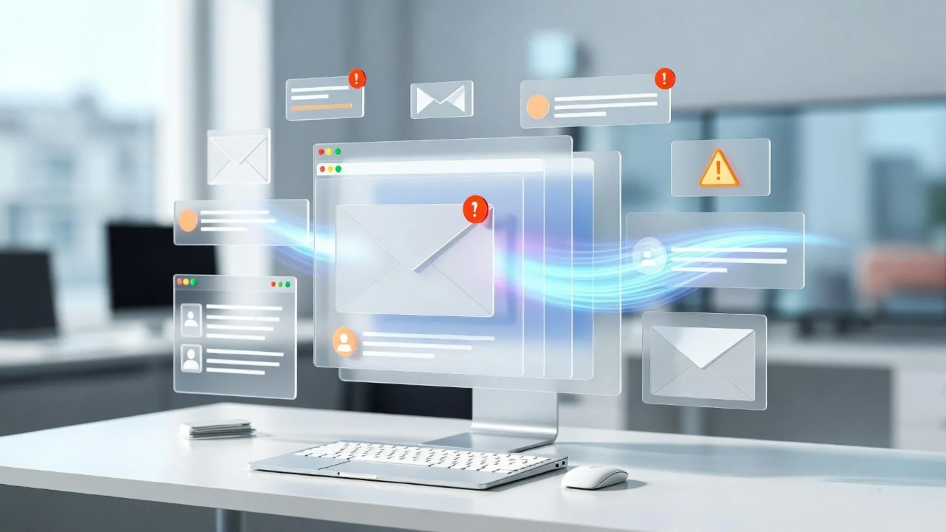 Email organization app showing cluttered inbox with scattered messages and alerts