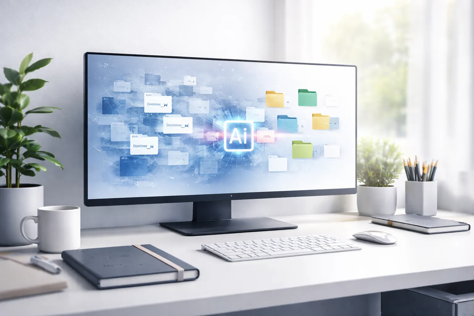 File renamer organizing and structuring digital files in a modern workspace
