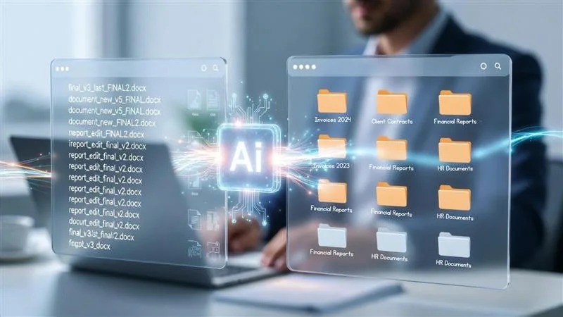 File renamer transforming messy files into organized folders