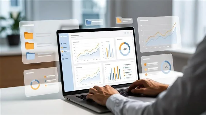 AI-powered file renamer interface showing automated document naming and organized digital folders on a workspace screen.